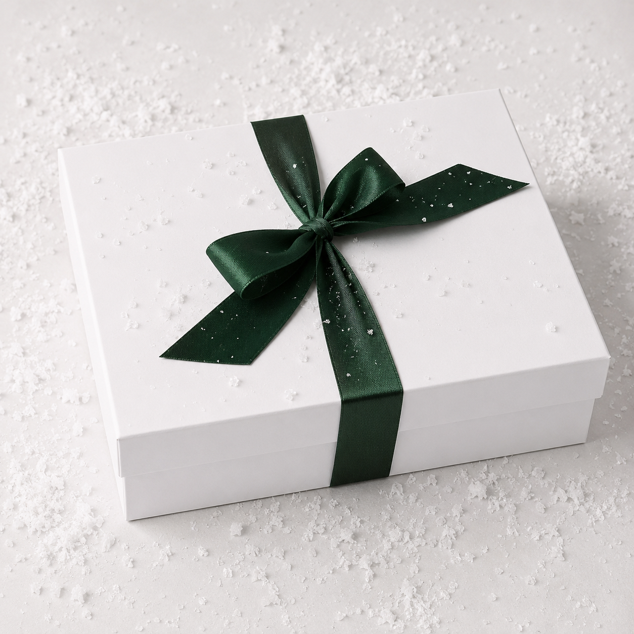 A white square gift box tied with a dark green satin ribbon and bow, photographed on a light textured surface with scattered white specks.