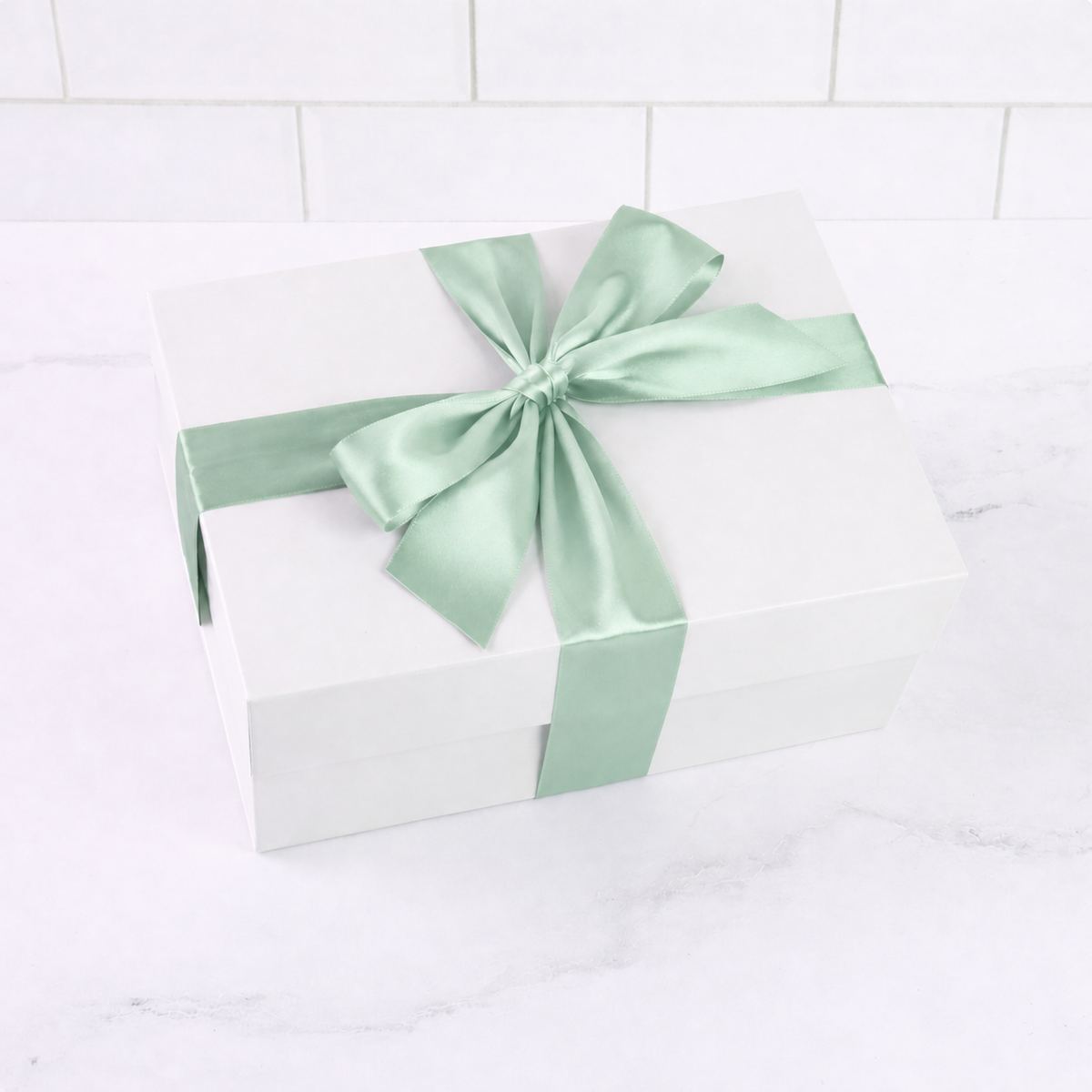 luxury white gift box with satin sage bow