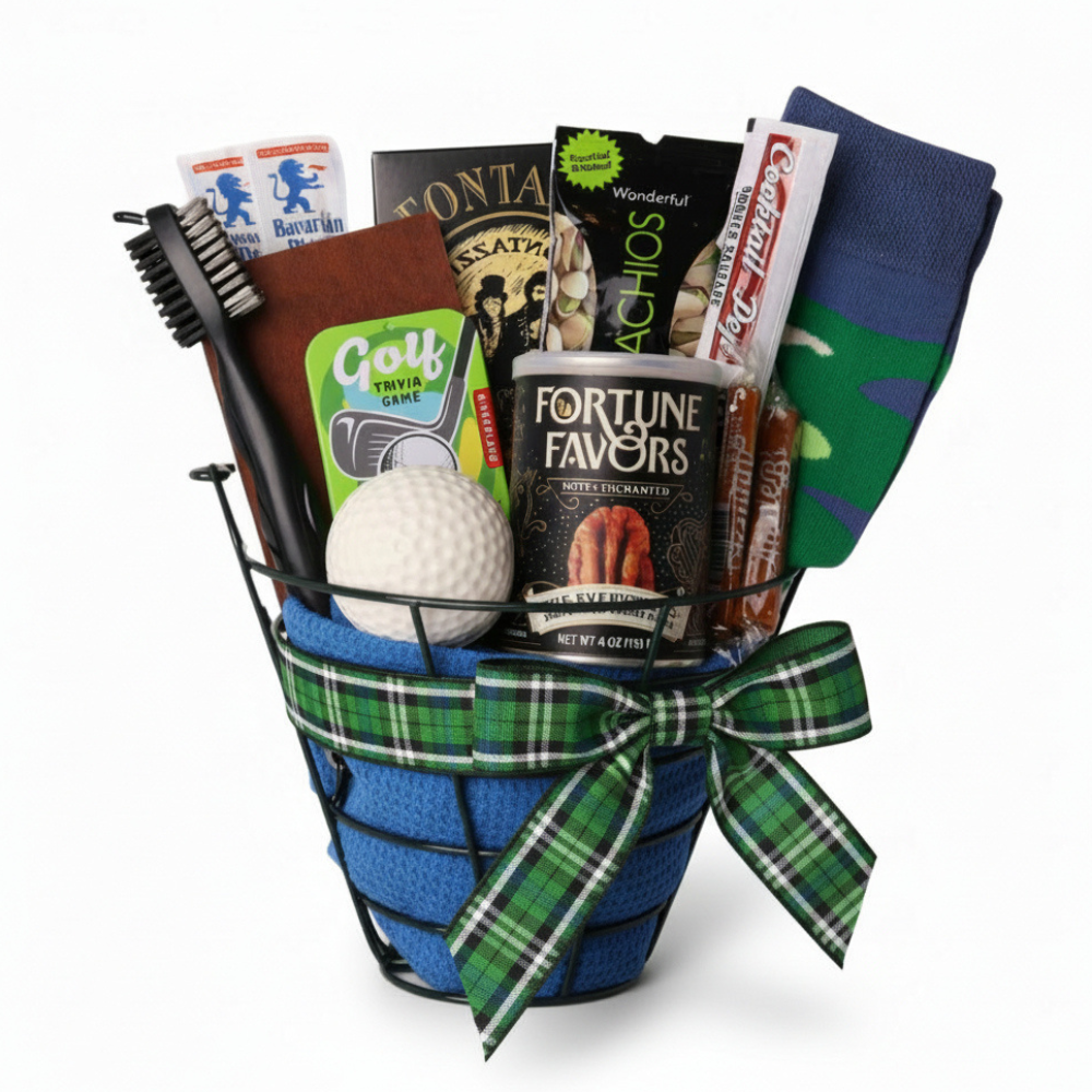 Gift basket with golf-themed items including a golf ball, golf putter, and snacks on a white background.