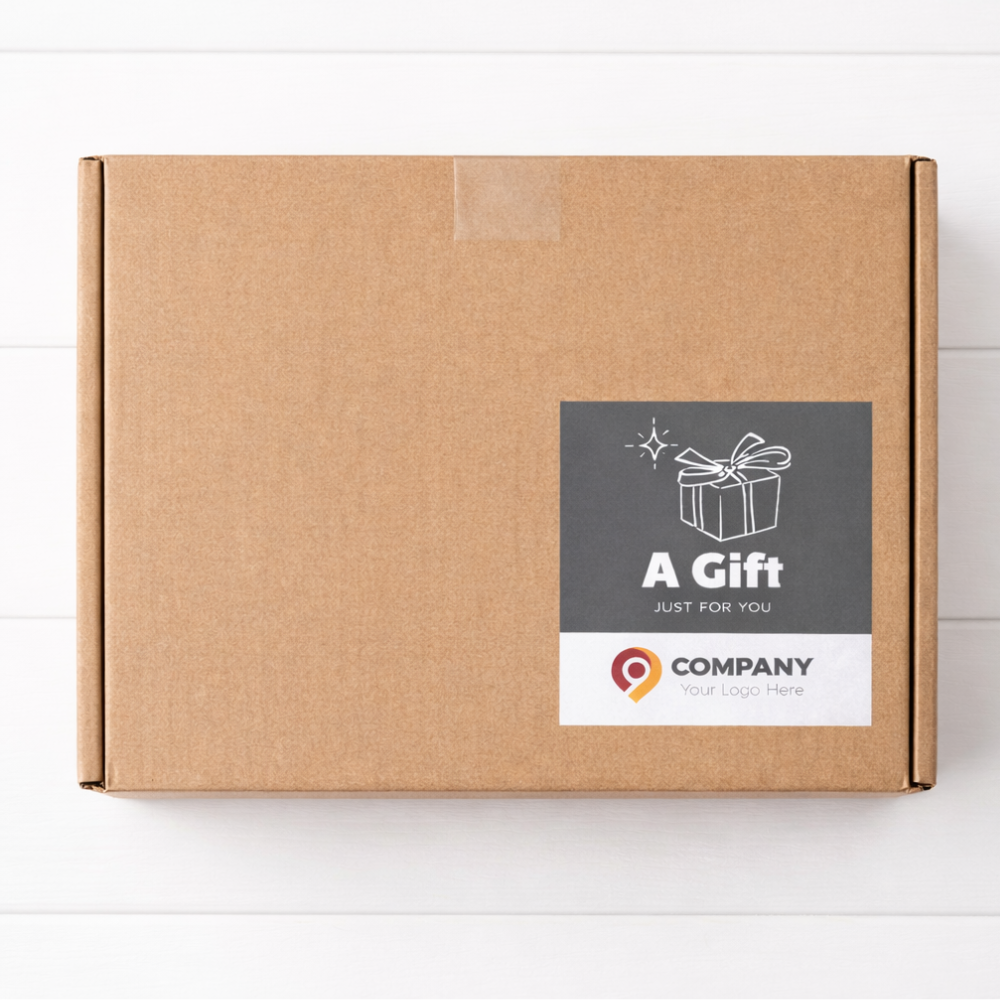 branded shipping gift box with a label and logo on a white background
