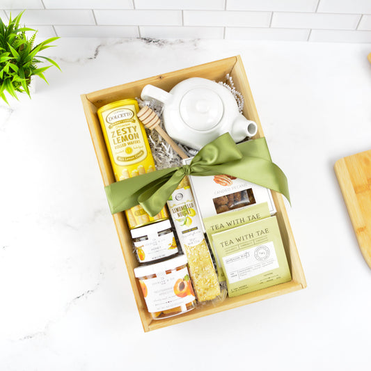 tea break gift basket with teapot and gourmet treats